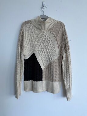 Patchwork Cable Knit Turtleneck Sweater - Cream, Beige & Black